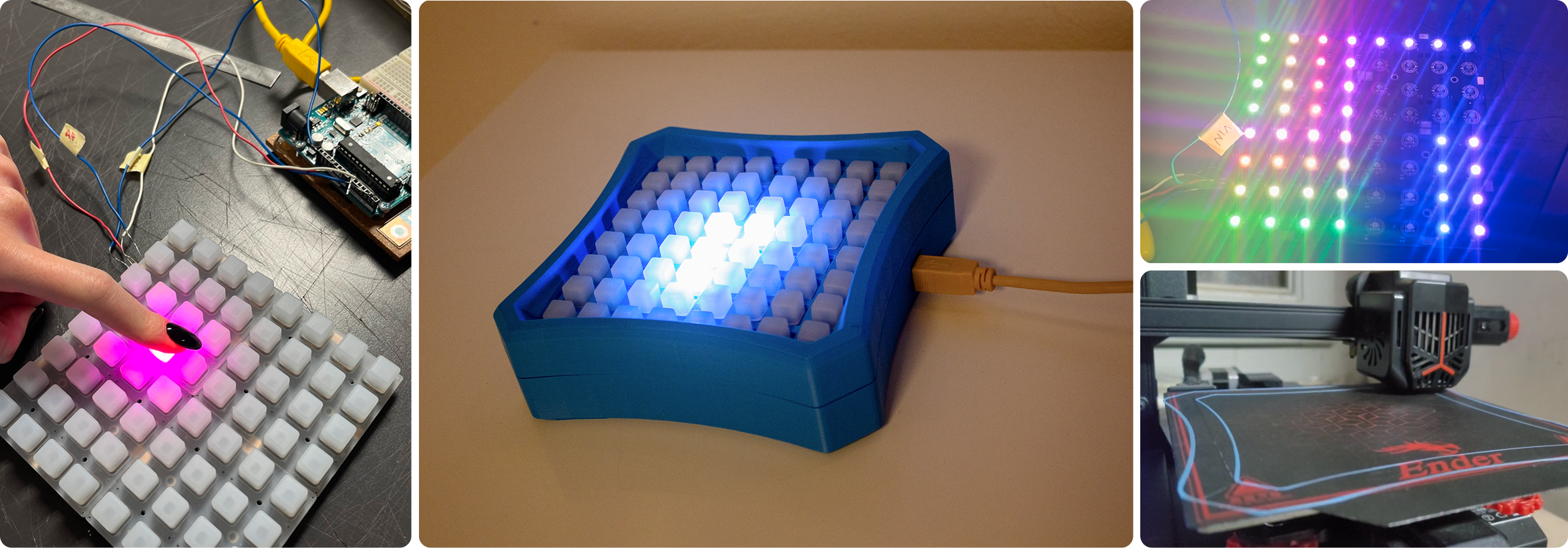BattleLight 制作过程：键盘灯光测试、蓝色实体原型、彩色 LED 电路测试与 3D 打印