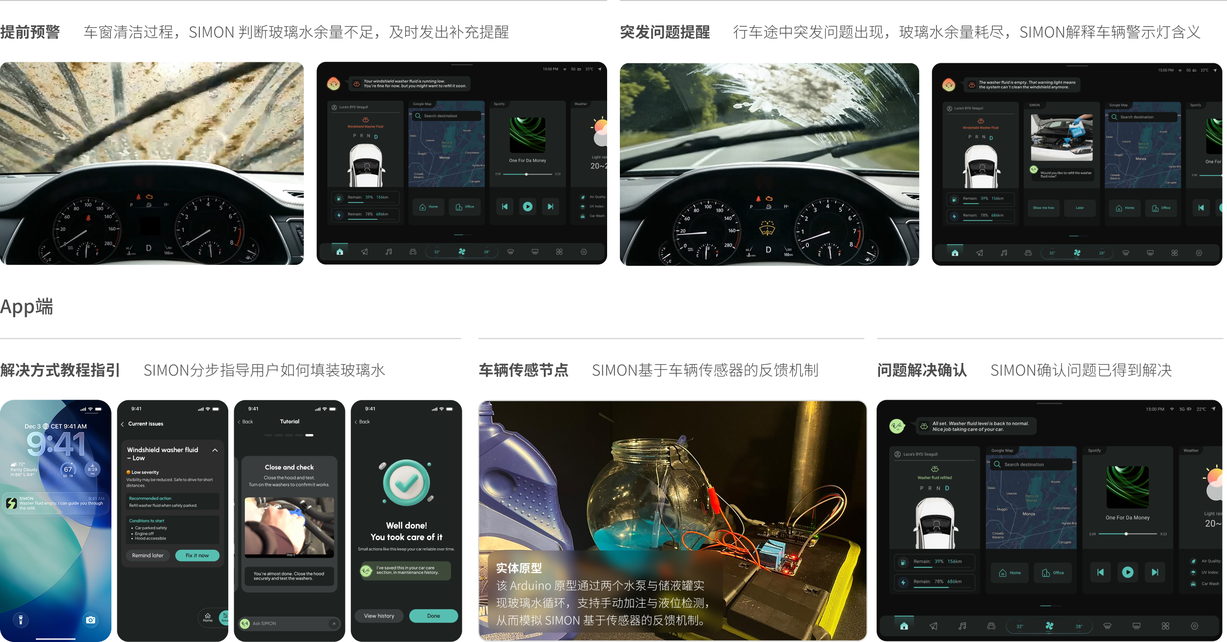 车内玻璃水提前预警与突发问题提醒，以及 App 端的补充教程、传感器反馈和解决确认